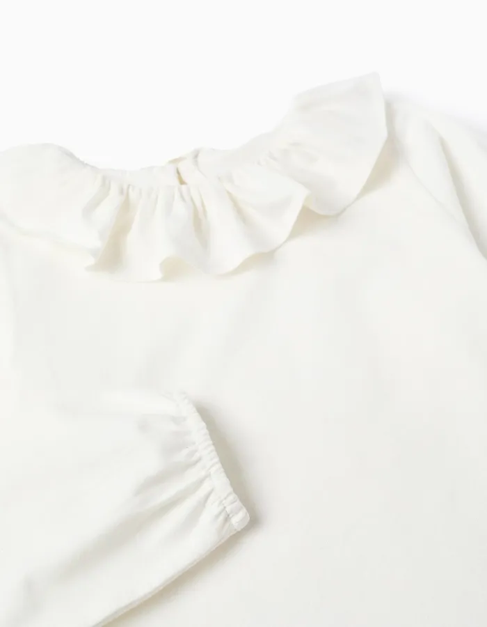 Long-sleeved T-shirt with Ruffle Collar for Girls, White
