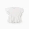 T-shirt with Ruffles and Cross-Stitch Print for Girls, White