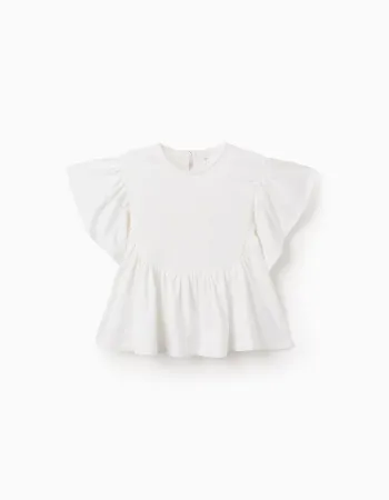 T-shirt with Ruffles and Cross-Stitch Print for Girls, White