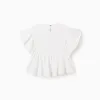 T-shirt with Ruffles and Cross-Stitch Print for Girls, White