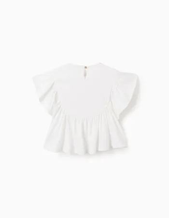 T-shirt with Ruffles and Cross-Stitch Print for Girls, White