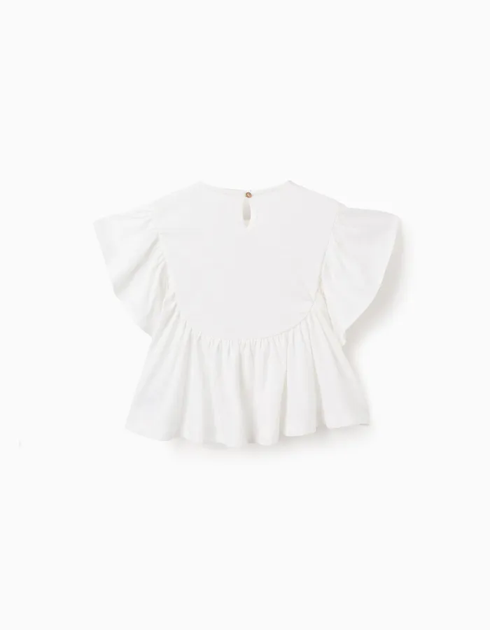 T-shirt with Ruffles and Cross-Stitch Print for Girls, White