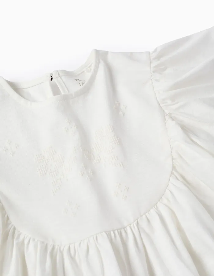 T-shirt with Ruffles and Cross-Stitch Print for Girls, White