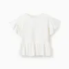Cotton T-shirt with Ruffles for Girls, White