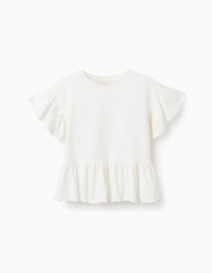 Cotton T-shirt with Ruffles for Girls, White