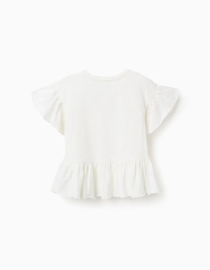 Cotton T-shirt with Ruffles for Girls, White