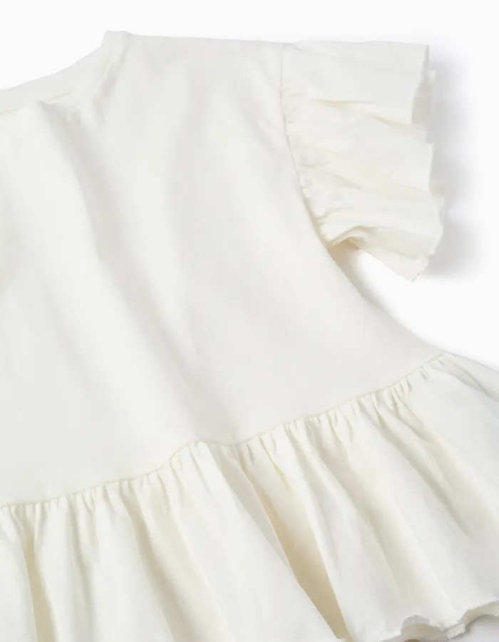 Cotton T-shirt with Ruffles for Girls, White