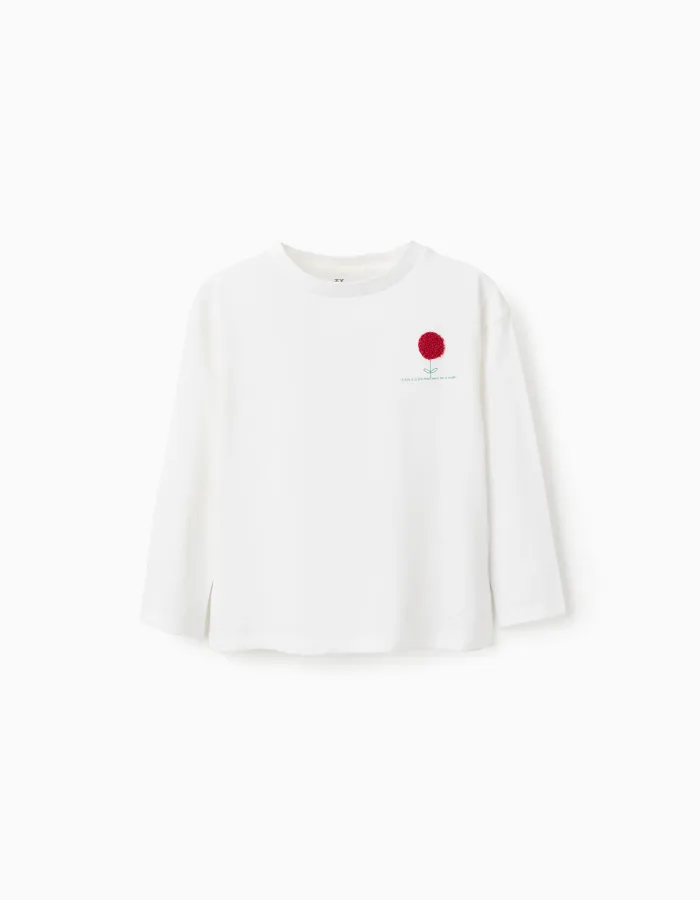 Cotton T-shirt with Ruffles on the Back for Girls 'Flower', White
