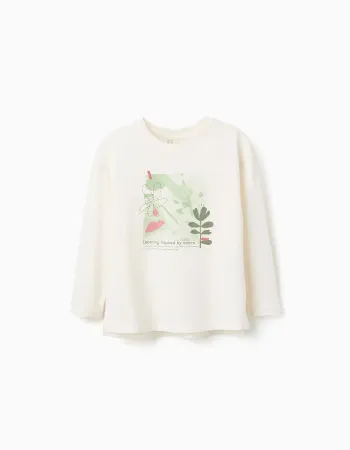 Long sleeve cotton T-shirt with 'Nature' print for girls, white