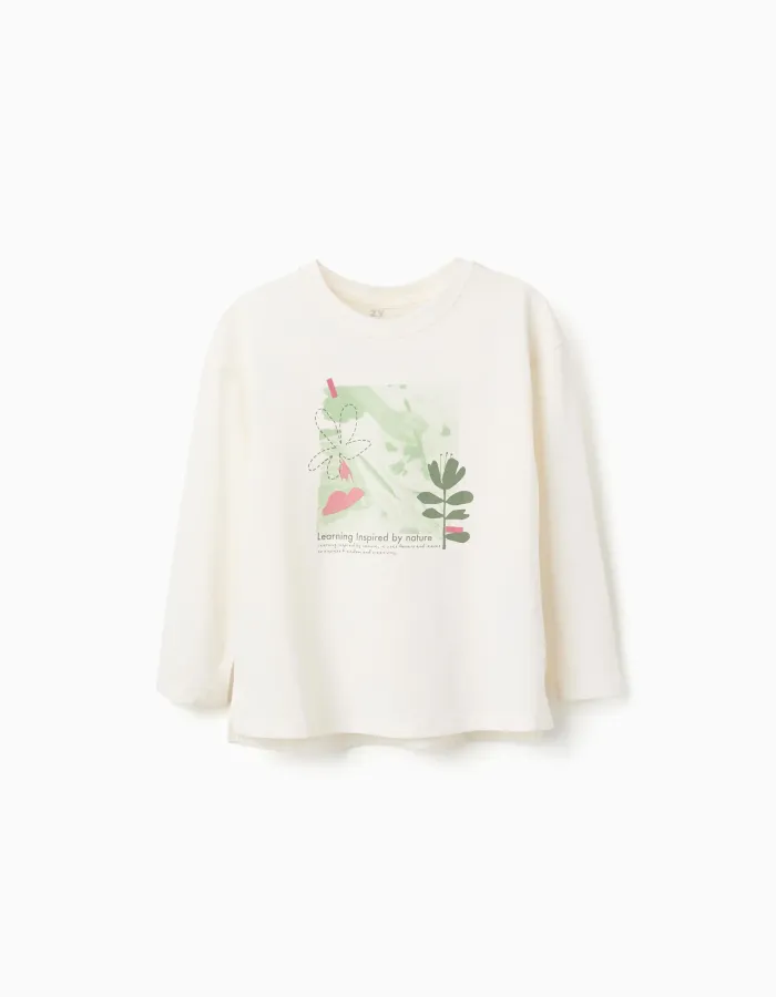 Long sleeve cotton T-shirt with 'Nature' print for girls, white