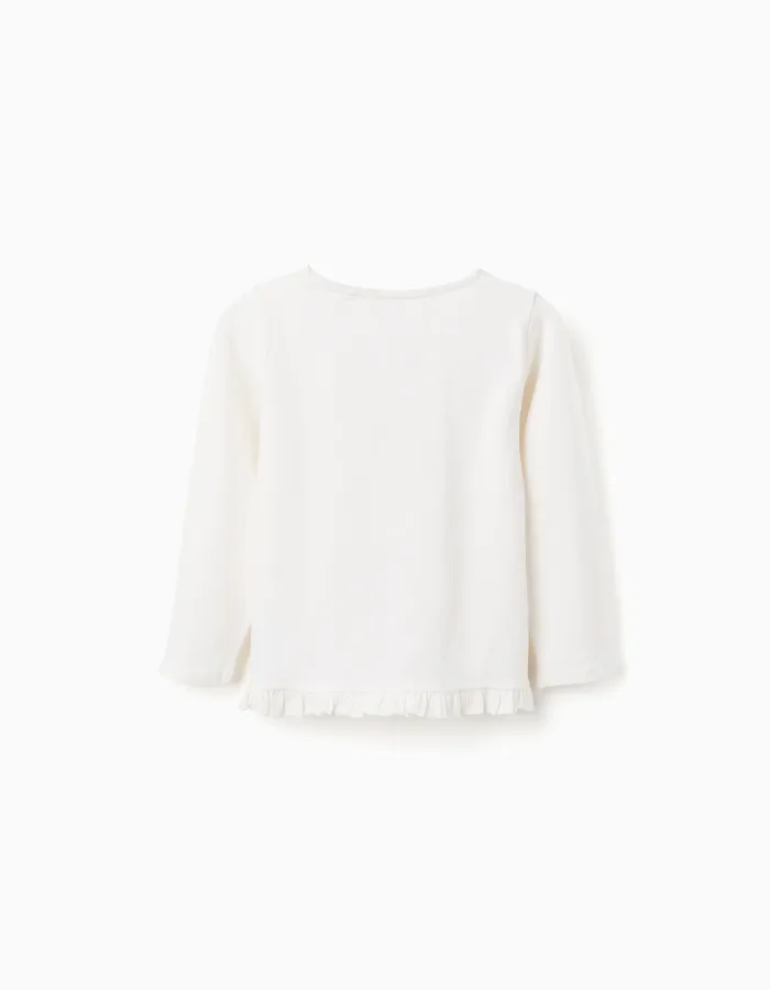 Long sleeve T-shirt with flower print and ruffles for girls, white