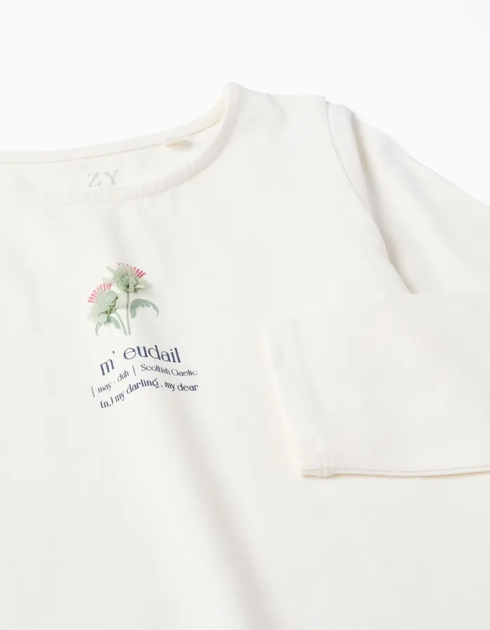 Long sleeve T-shirt with flower print and ruffles for girls, white