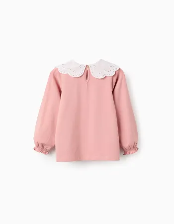 T-shirt with Broderie Anglaise Collar and Ruffles for Girls, Pink