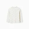 Long Sleeve Ribbed T-shirt with Floral Motif for Girls, White