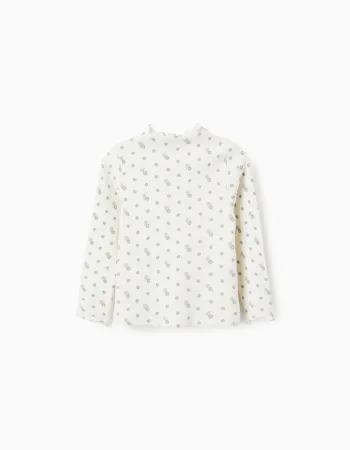 Long Sleeve Ribbed T-shirt with Floral Motif for Girls, White