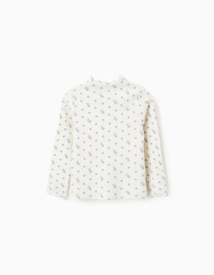 Long Sleeve Ribbed T-shirt with Floral Motif for Girls, White