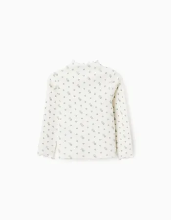 Long Sleeve Ribbed T-shirt with Floral Motif for Girls, White