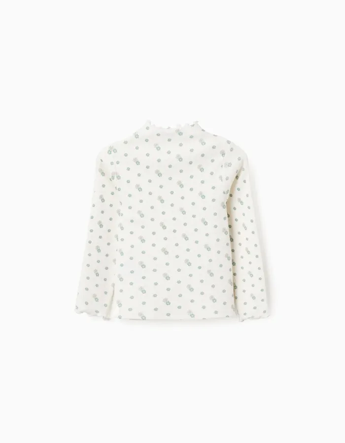 Long Sleeve Ribbed T-shirt with Floral Motif for Girls, White