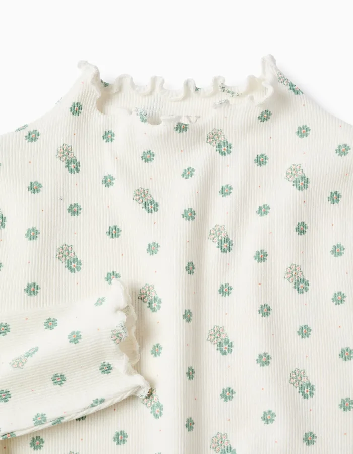 Long Sleeve Ribbed T-shirt with Floral Motif for Girls, White