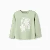 Long sleeve cotton T-shirt with 'Fully Awake' print for girls, light green