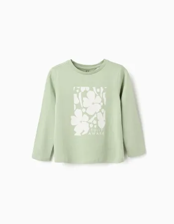 Long sleeve cotton T-shirt with 'Fully Awake' print for girls, light green