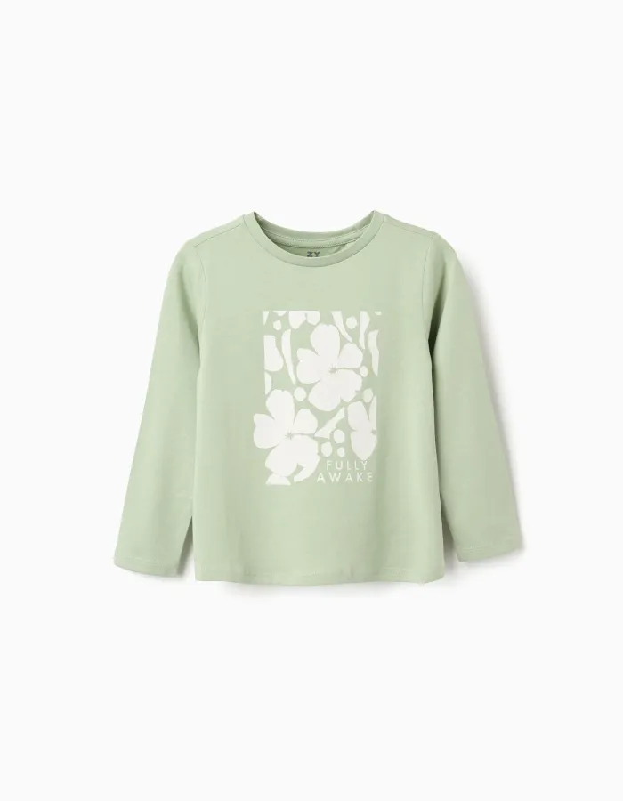 Long sleeve cotton T-shirt with 'Fully Awake' print for girls, light green