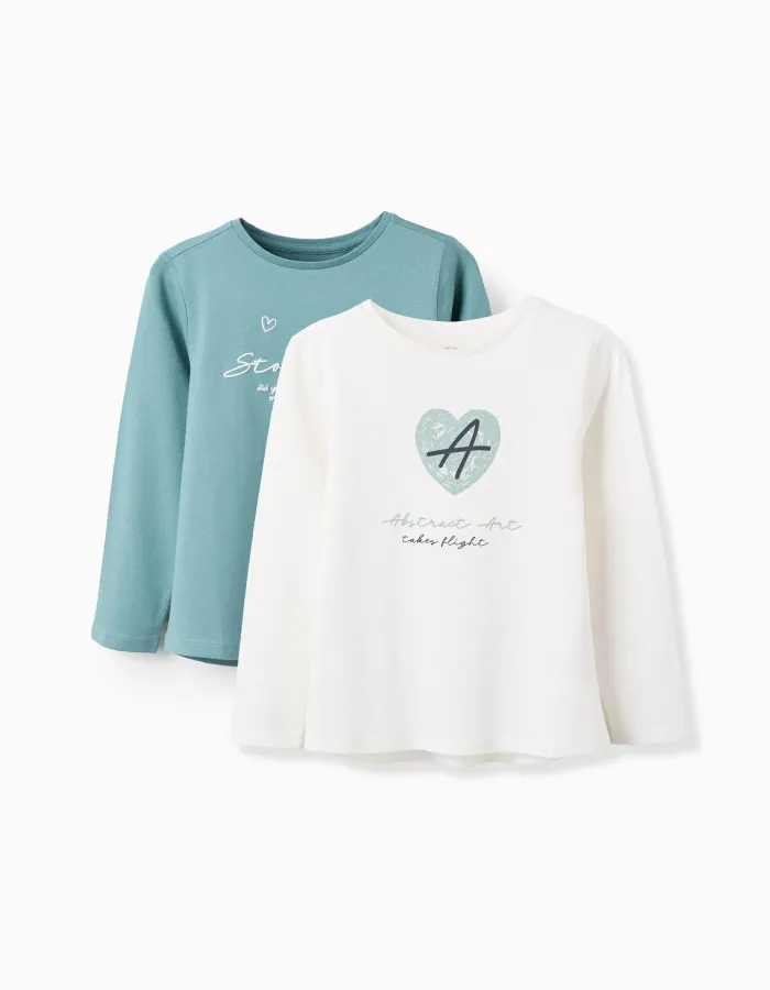 Pack of 2 Long Sleeve T-shirts for Girls 'Abstract', White/Green