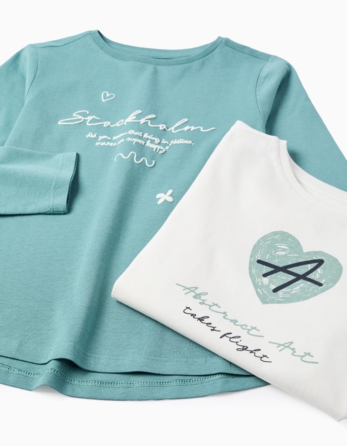 Pack of 2 Long Sleeve T-shirts for Girls 'Abstract', White/Green