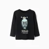 Cotton long sleeve T-shirt with glow-in-the-dark print for girls, black