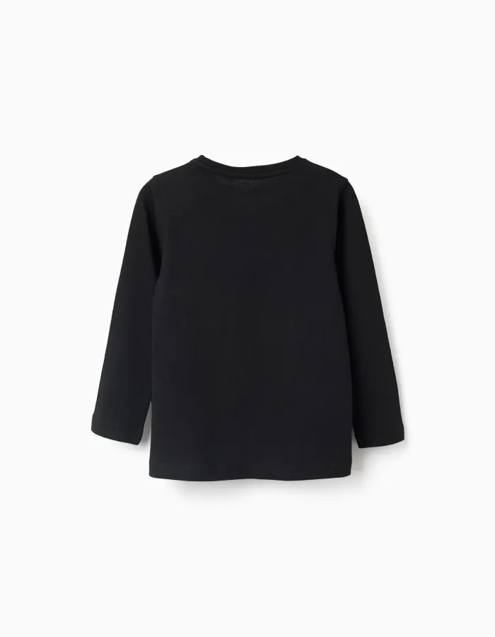 Cotton long sleeve T-shirt with glow-in-the-dark print for girls, black