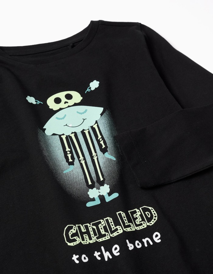 Cotton long sleeve T-shirt with glow-in-the-dark print for girls, black