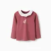 Long sleeve T-shirt with print and ruffled collar for girls, dark pink