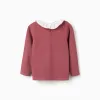 Long sleeve T-shirt with print and ruffled collar for girls, dark pink