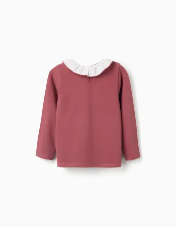 Long sleeve T-shirt with print and ruffled collar for girls, dark pink