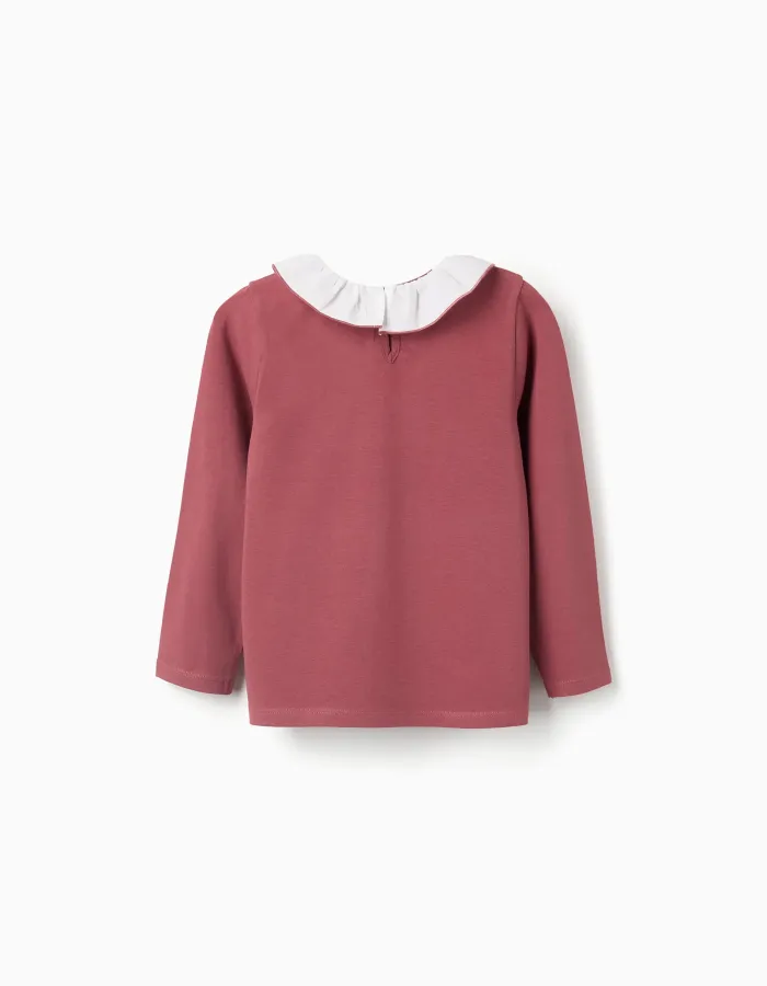 Long sleeve T-shirt with print and ruffled collar for girls, dark pink