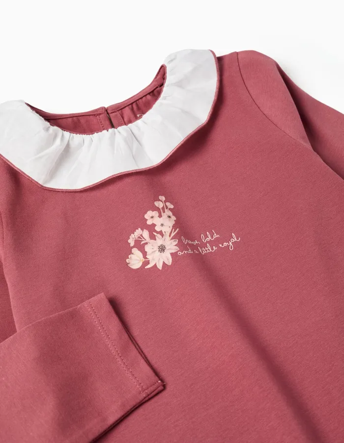 Long sleeve T-shirt with print and ruffled collar for girls, dark pink
