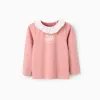 Long sleeve T-shirt with print and ruffled collar for girls, pink