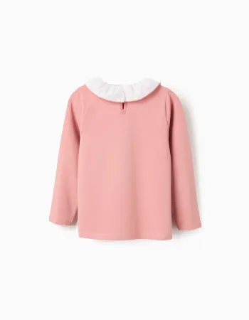 Long sleeve T-shirt with print and ruffled collar for girls, pink