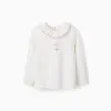 Long sleeve T-shirt with print and ruffled collar for girls, white