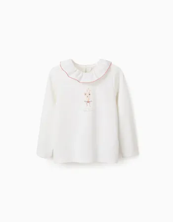 Long sleeve T-shirt with print and ruffled collar for girls, white