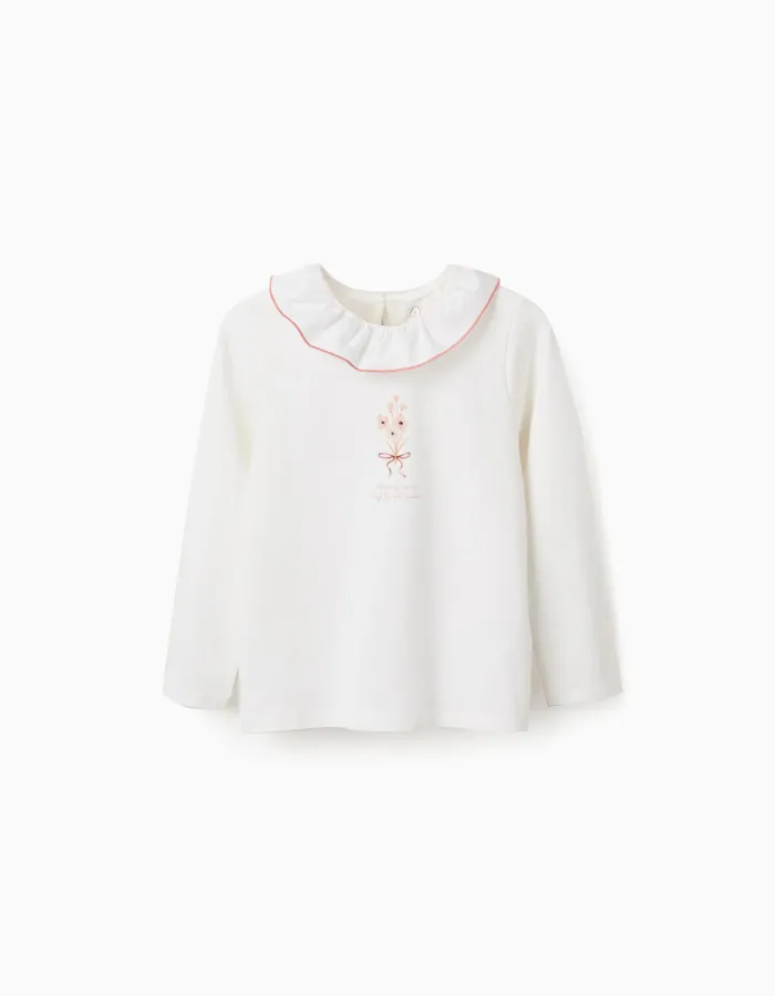 Long sleeve T-shirt with print and ruffled collar for girls, white