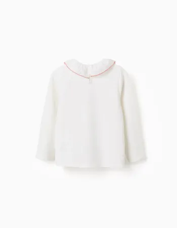Long sleeve T-shirt with print and ruffled collar for girls, white