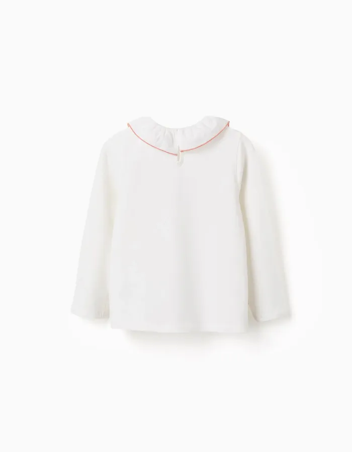 Long sleeve T-shirt with print and ruffled collar for girls, white