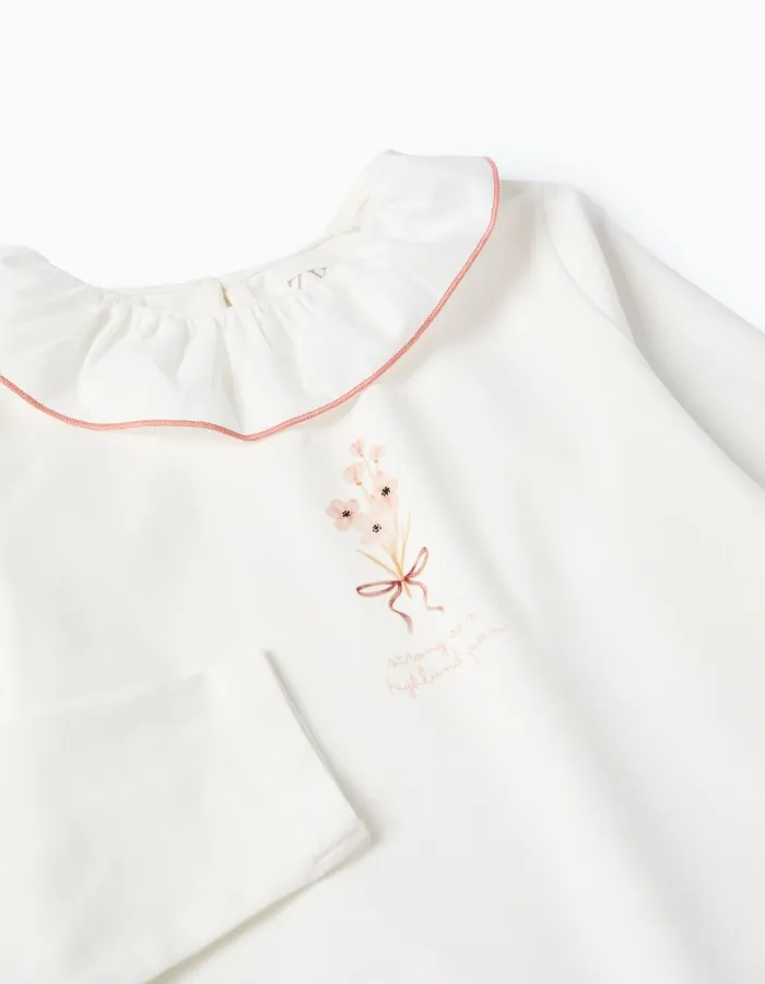 Long sleeve T-shirt with print and ruffled collar for girls, white