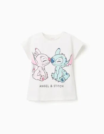 Cotton T-shirt with Stitch and Angel print for girls, white