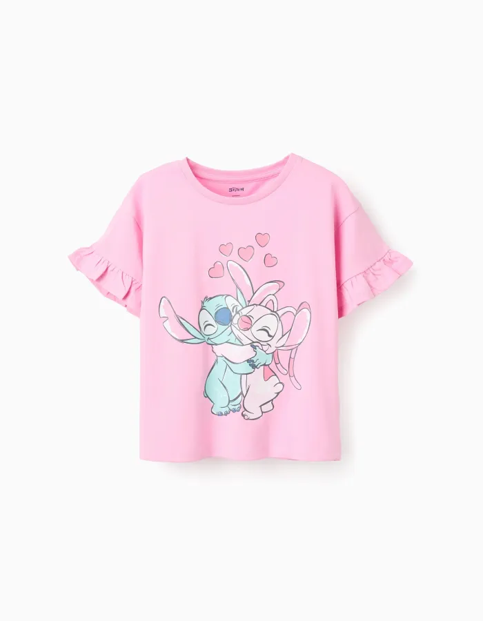 Cotton T-shirt with Stitch and Angel print and ruffles for girls, pink