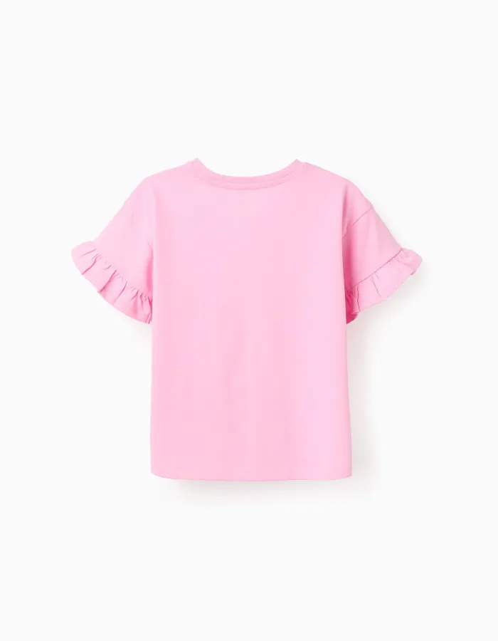 Cotton T-shirt with Stitch and Angel print and ruffles for girls, pink