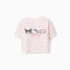 Striped cotton T-shirt with Besties print for girls, white/pink
