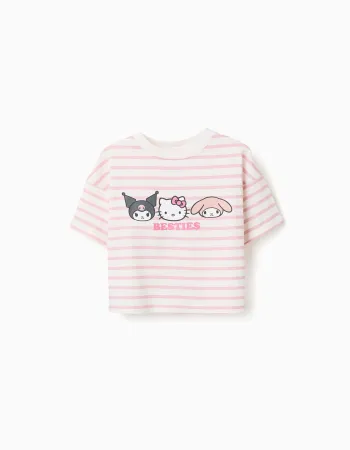 Striped cotton T-shirt with Besties print for girls, white/pink