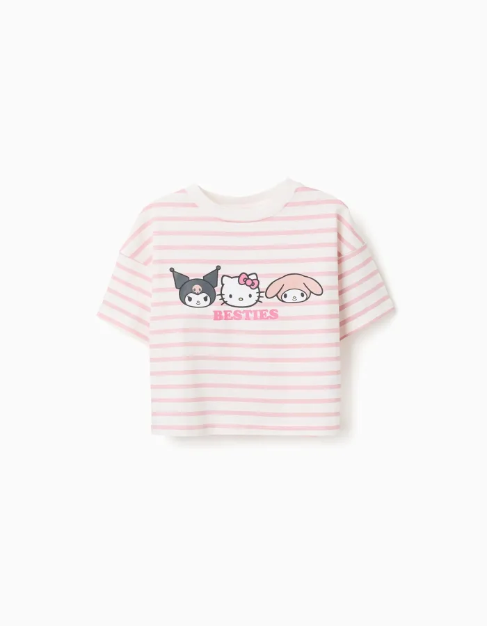 Striped cotton T-shirt with Besties print for girls, white/pink